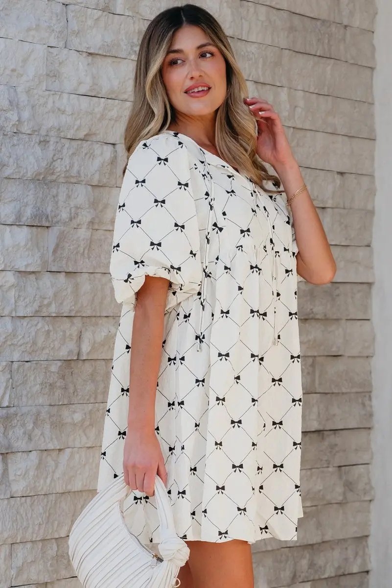 White Bowtie Pattern Textured Puff Half Sleeve Mini Dress - Love Salve